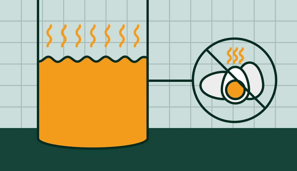Water heater with rising heat lines and a crossed-out rotten egg icon, symbolizing removal of sulfur smell from hot water.
