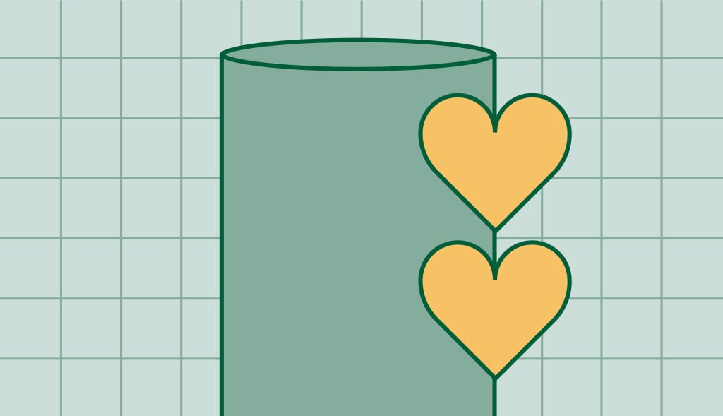 Illustration of a water heater with two hearts symbolizing double lifespan.