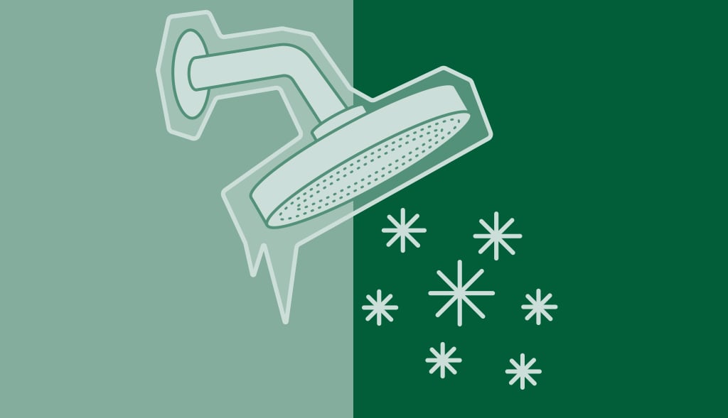 Illustration of a frozen shower head with snowflakes representing cold water, signifying no hot water supply from the water heater.