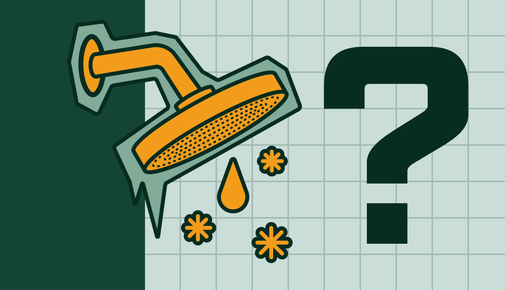 Showerhead dripping water and debris beside a question mark, symbolizing troubleshooting why a hot water heater is not working.