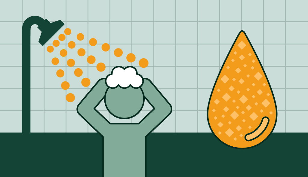 Person showering with orange water droplets and a large orange water drop beside them, suggesting water quality or odor issues.