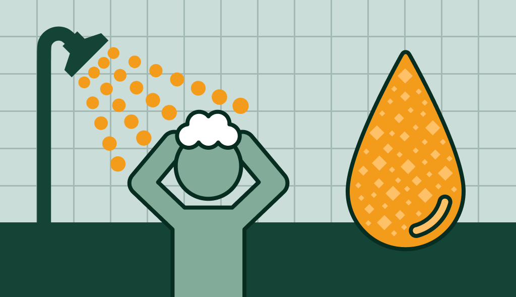 Person showering with orange water droplets and a large orange water drop beside them, suggesting water quality or odor issues.