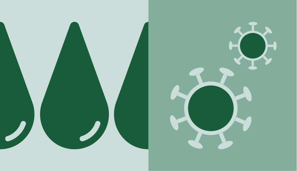 Illustration depicting three water droplets and bacteria to demonstrate how water heaters can kill bacteria