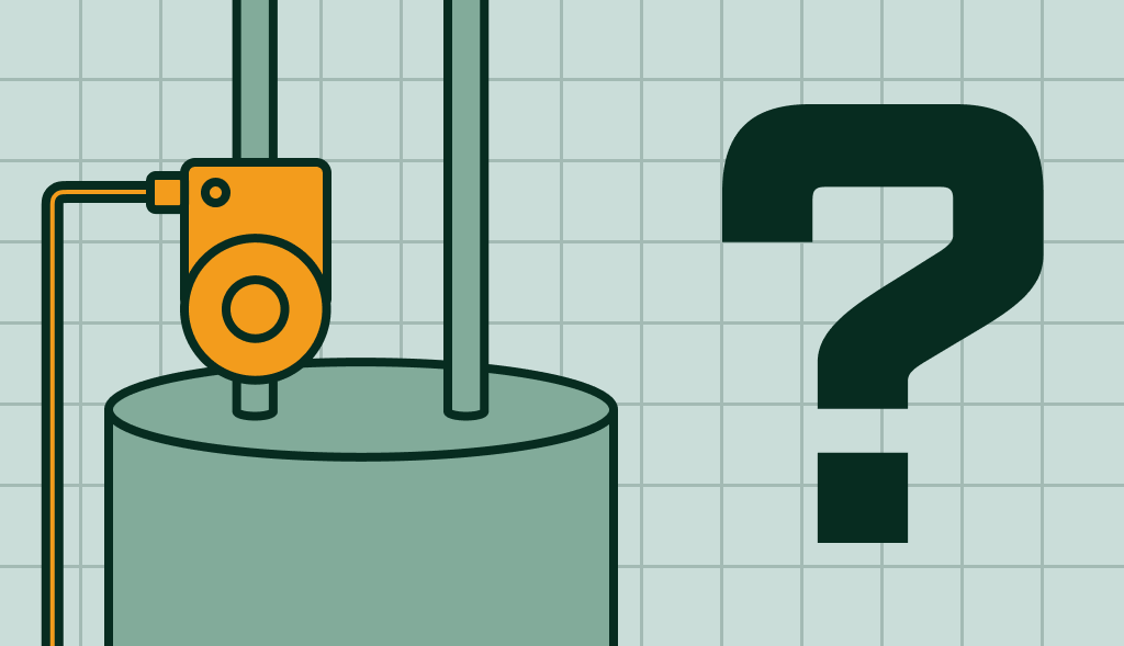 Illustration of a water heater with an orange recirculating pump and a question mark, symbolizing how the system works.