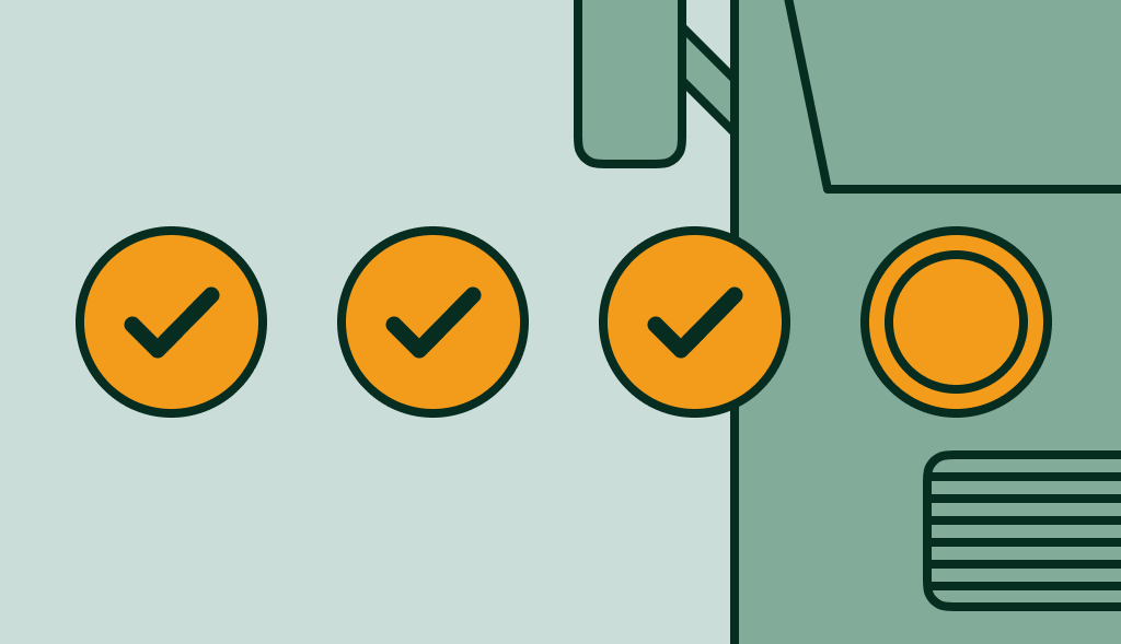 Three orange check marks beside an RV water heater, symbolizing completed steps or verified installation.