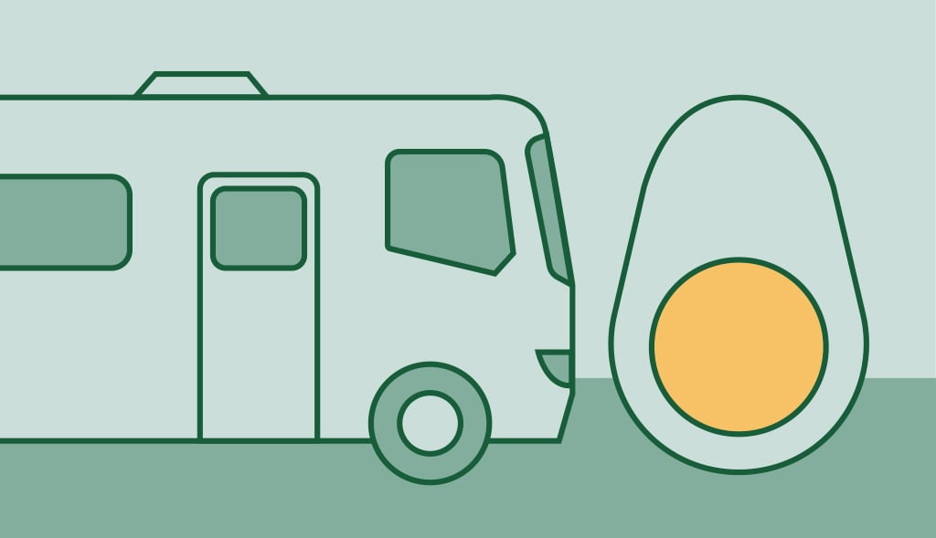 Illustration of an RV facing an egg, symbolizing the rotten egg smell in RV water heater tank