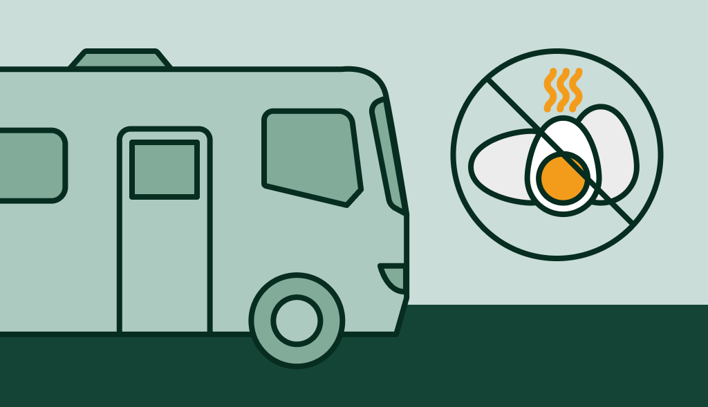 RV beside crossed-out rotten egg icon, symbolizing how to stop sulfur or rotten egg smell in RV water.