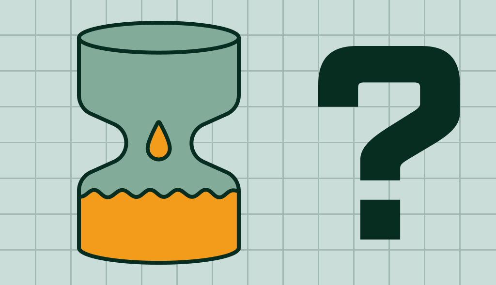 Hourglass-shaped water heater with draining water and a question mark, symbolizing how long water heaters typically last.