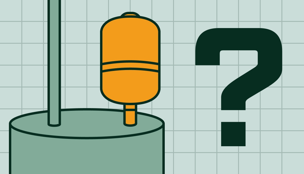 Water heater with an orange expansion tank and a large question mark, suggesting a question about the tank’s purpose or need.