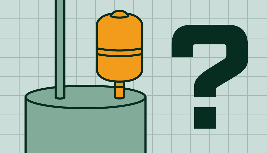 Water heater with an orange expansion tank and a large question mark, suggesting a question about the tank’s purpose or need.