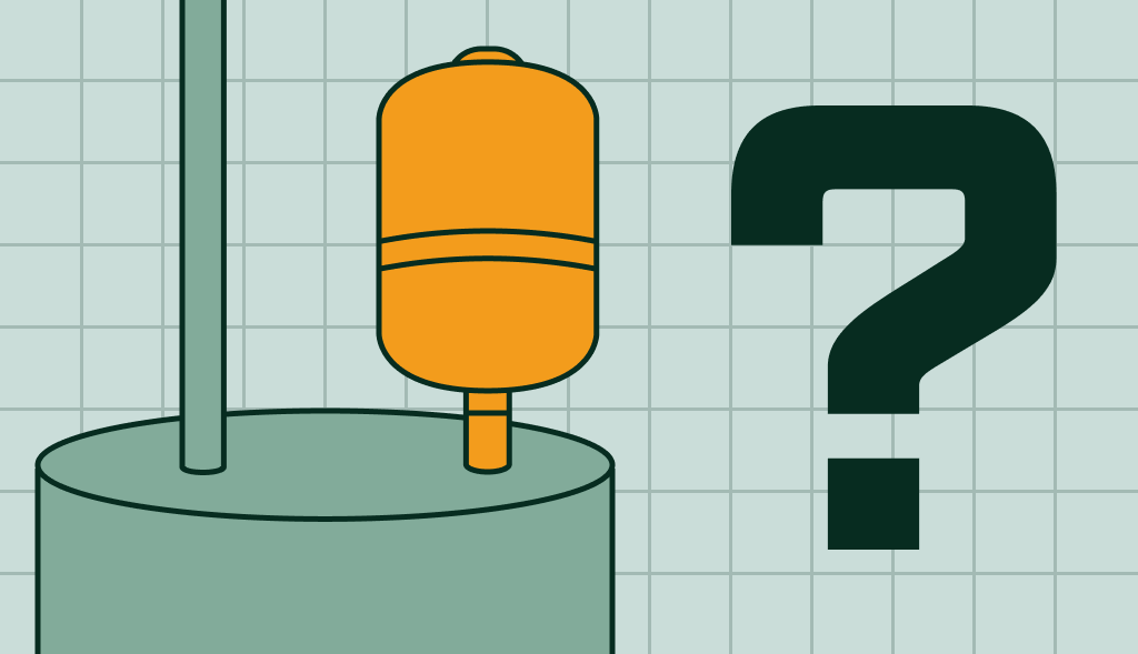 Water heater with an orange expansion tank and a large question mark, suggesting a question about the tank’s purpose or need.