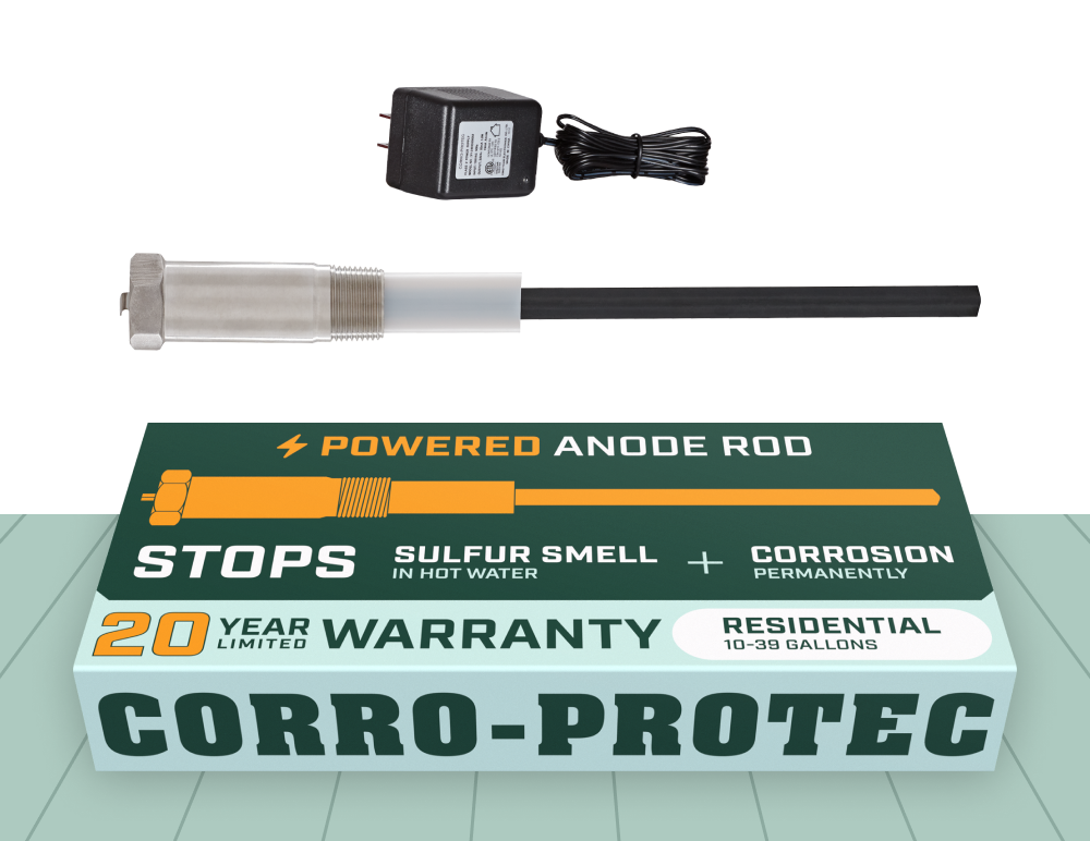 Water Heater Anode Rod for Residential Tank between 10 and 39 gallon capacity. Powered anode rod type from Corro-Protec.