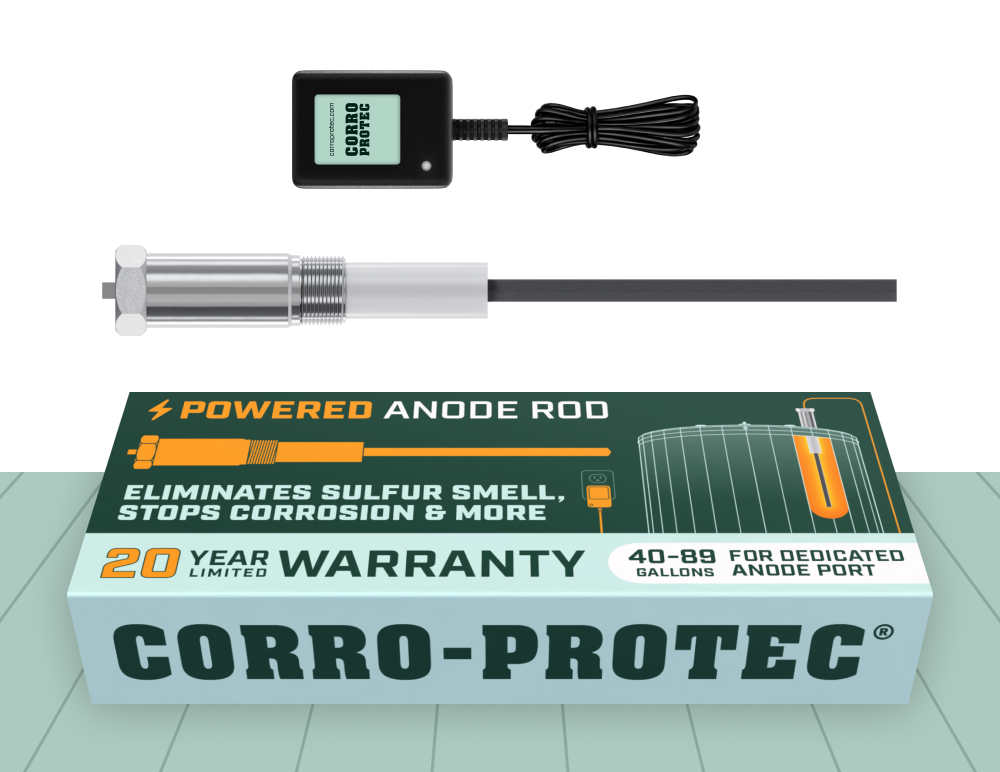 Water Heater Anode Rod for Residential Tank between 40 and 89 gallon capacity. Powered anode rod type from Corro-Protec.