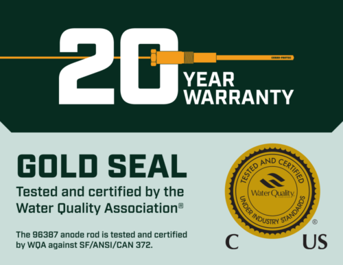 Corro-Protec 20-year warranty anodes received WQA Lead-Free Gold-Seal (SF/ANSI/CAN 372 Water Quality Association for USA and Canada)