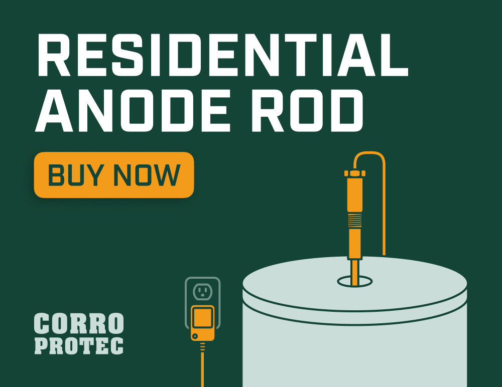 Graphic showing a powered residential anode rod installed on a water heater, with a “Buy Now” button and Corro-Protec branding.