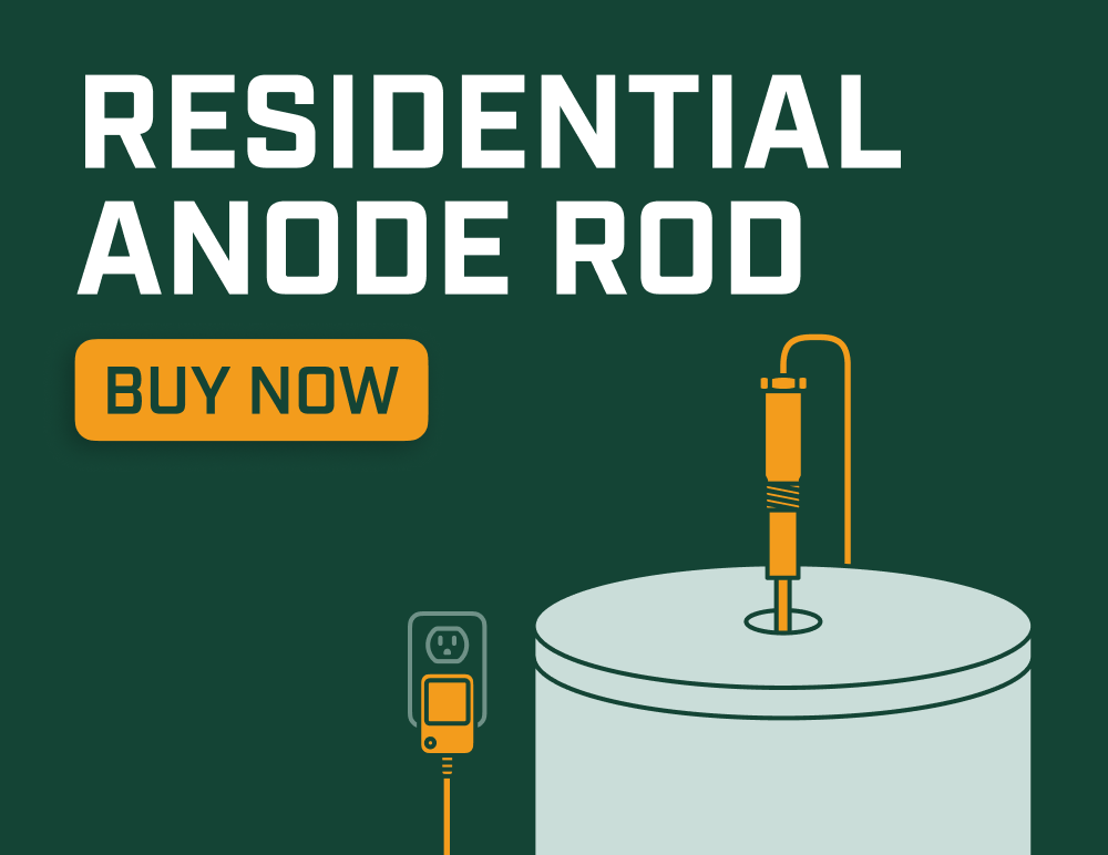 Graphic showing a Corro-Protec powered residential anode rod installed on a water heater, with a “Buy Now” button.