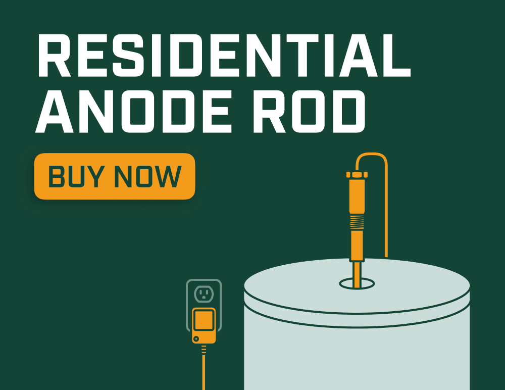 Graphic showing a Corro-Protec powered residential anode rod installed on a water heater, with a “Buy Now” button.