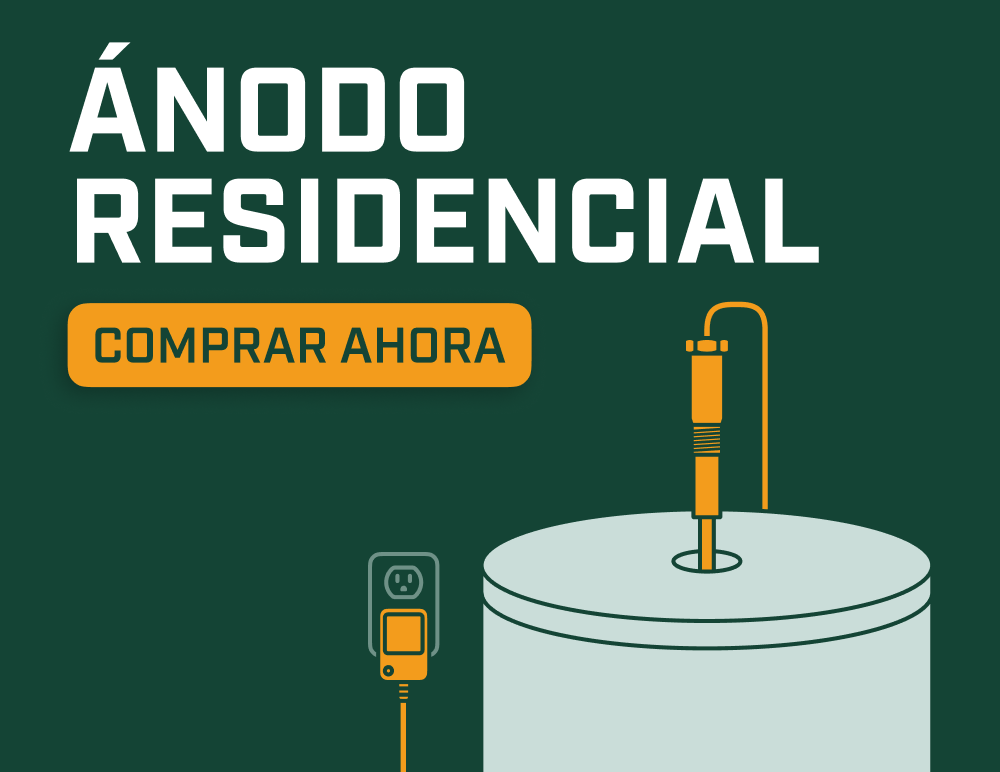 Ilustración de una varilla de ánodo eléctrica residencial Corro-Protec en un calentador de agua, con el botón “Comprar ahora”.