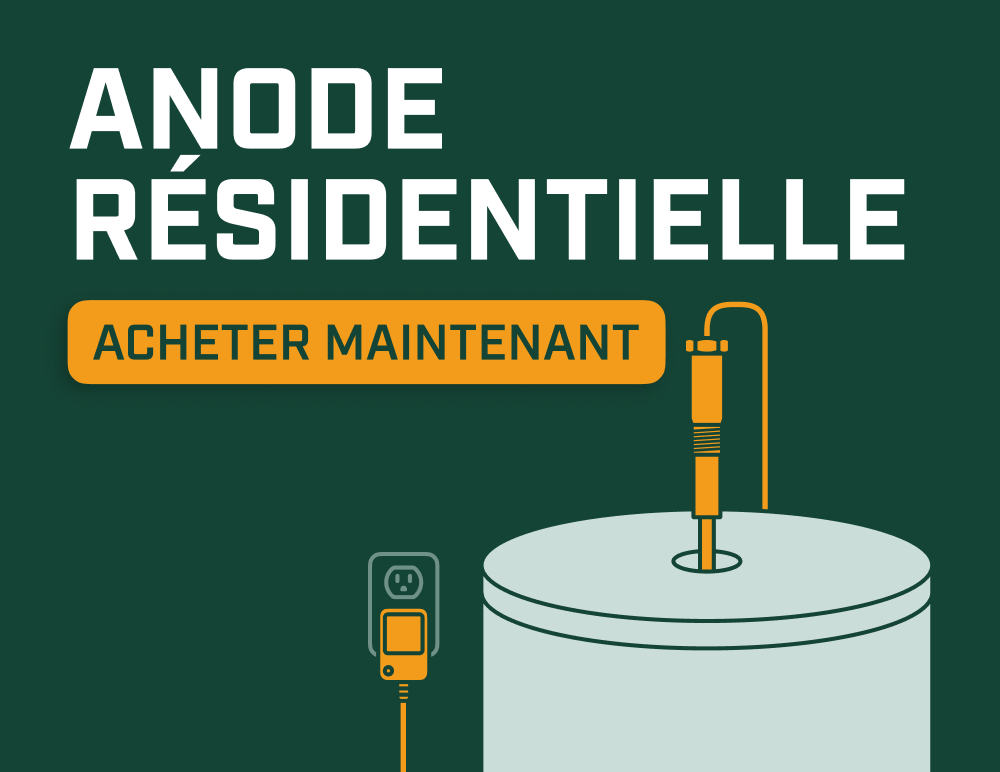 Illustration d’une anode résidentielle Corro-Protec installée sur un chauffe-eau, avec le bouton « Acheter maintenant ».