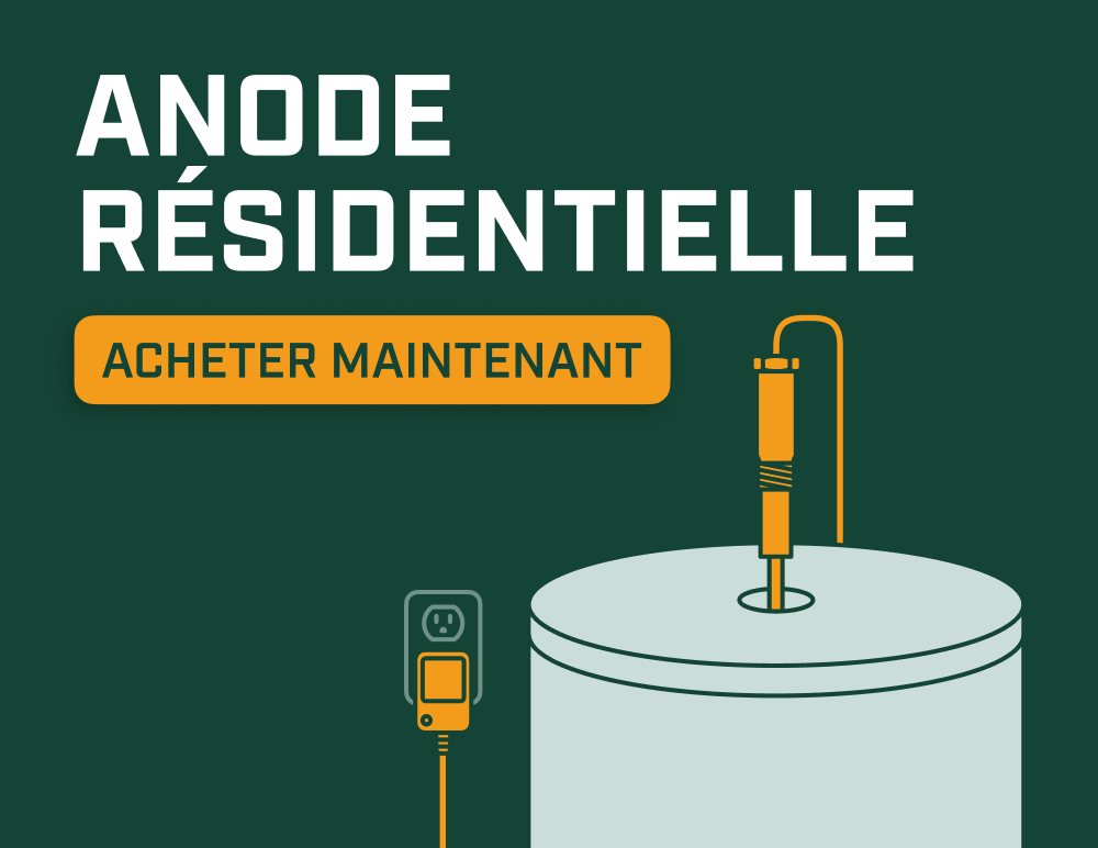 Illustration d’une anode résidentielle Corro-Protec installée sur un chauffe-eau, avec le bouton « Acheter maintenant ».
