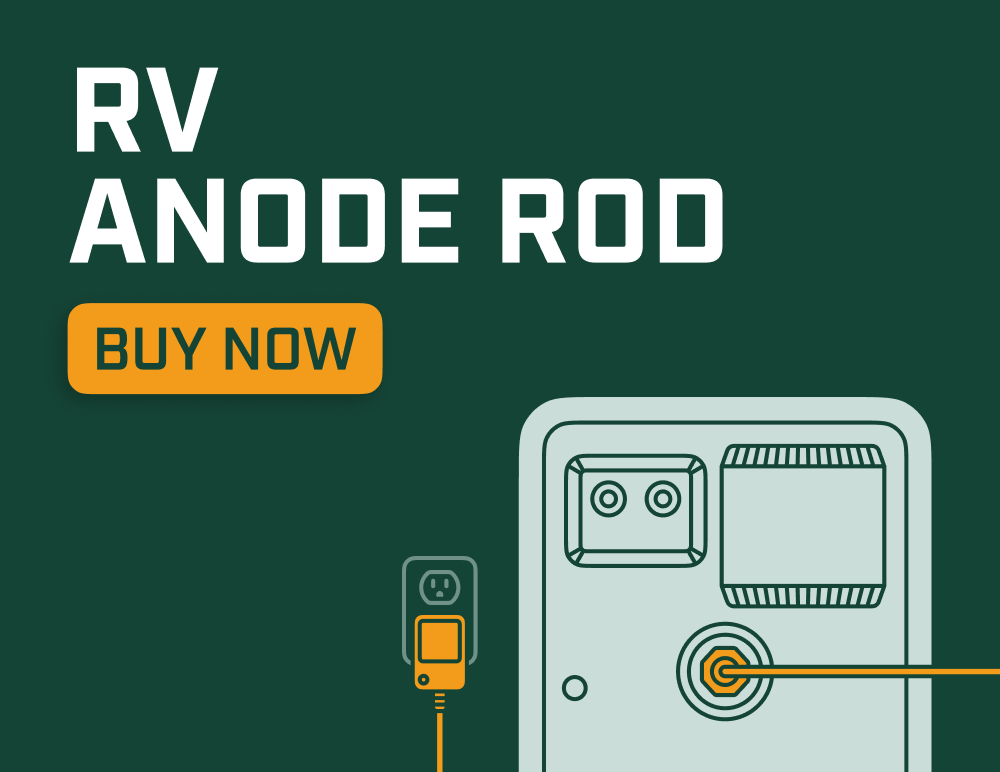 Graphic showing a Corro-Protec RV powered anode rod connected to an RV water heater, with a “Buy Now” button.