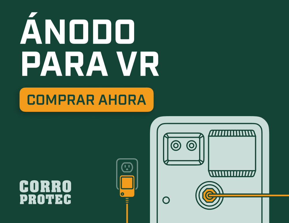 Ilustración de una varilla de ánodo eléctrica para VR en un calentador de agua de RV, con el botón “Comprar ahora” y la marca Corro-Protec.