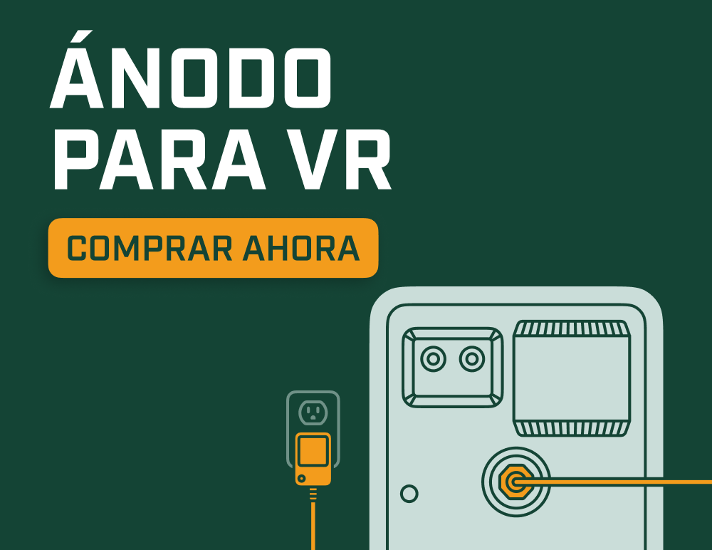 Ilustración de una varilla de ánodo eléctrica para VR en un calentador de agua de RV, con el botón “Comprar ahora” y la marca Corro-Protec.