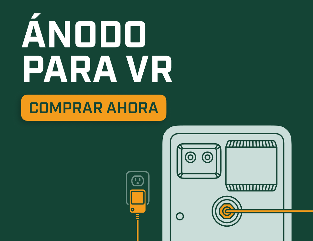 Ilustración de una varilla de ánodo eléctrica para VR en un calentador de agua de RV, con el botón “Comprar ahora” y la marca Corro-Protec.