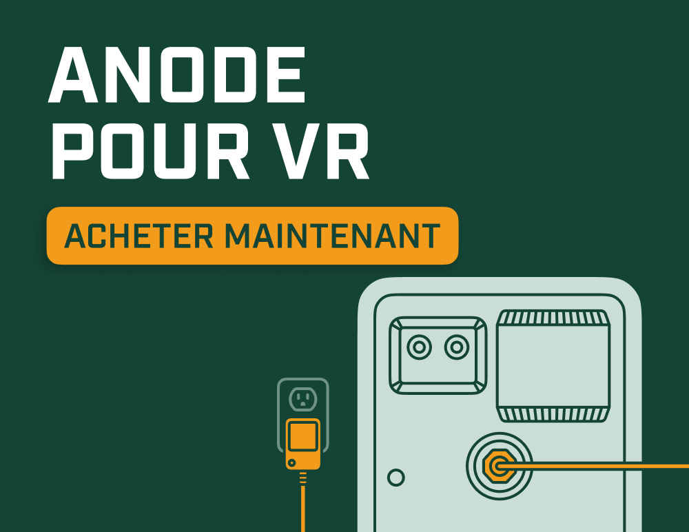 Illustration d’une anode électrique Corro-Protec pour VR installée sur un chauffe-eau de VR, avec le bouton « Acheter maintenant ».