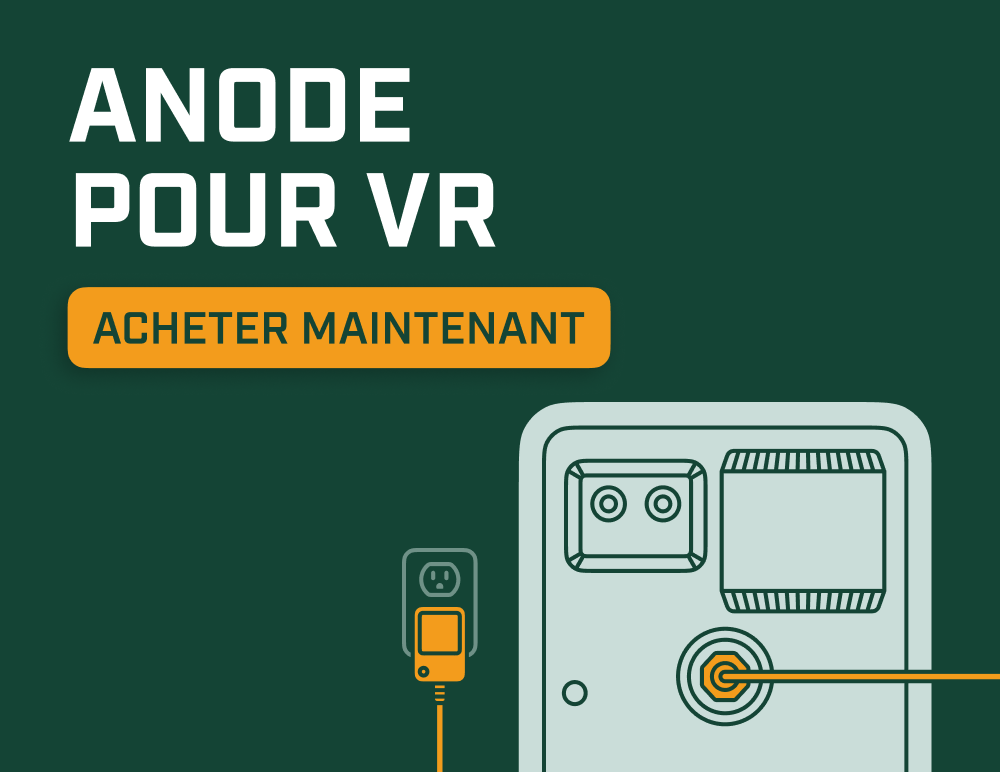 Illustration d’une anode électrique Corro-Protec pour VR installée sur un chauffe-eau de VR, avec le bouton « Acheter maintenant ».