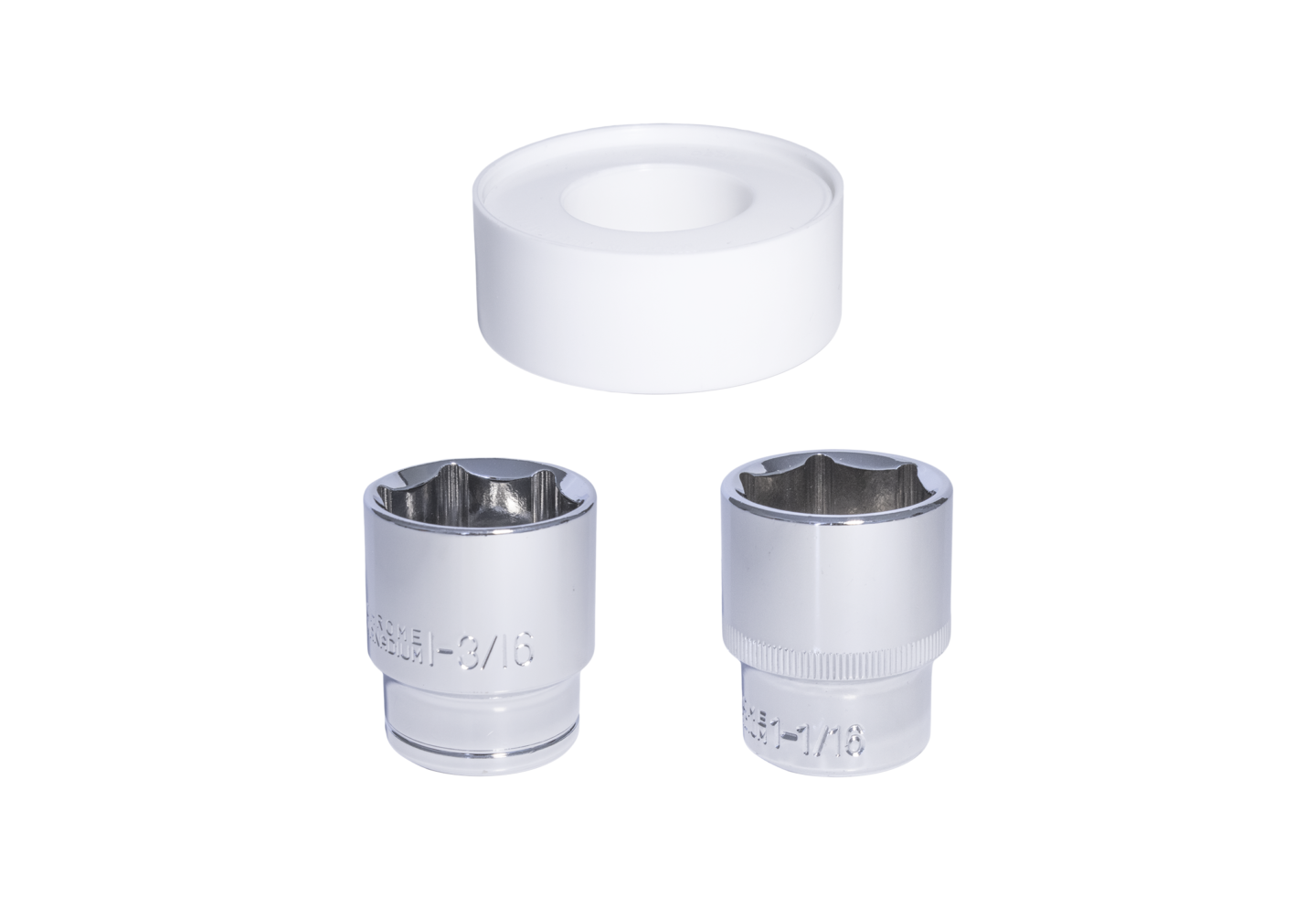 Water heater anode rod installation kit with protective cap and two chrome sockets on a white background.