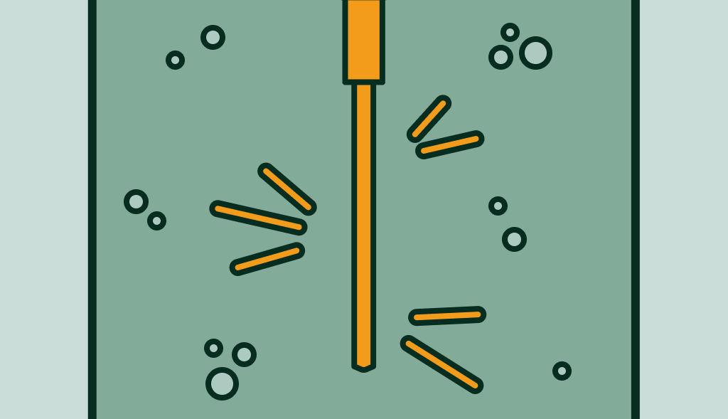 Powered anode rod operating inside a water heater tank with bubbles and energy lines, illustrating how powered anode rods work.