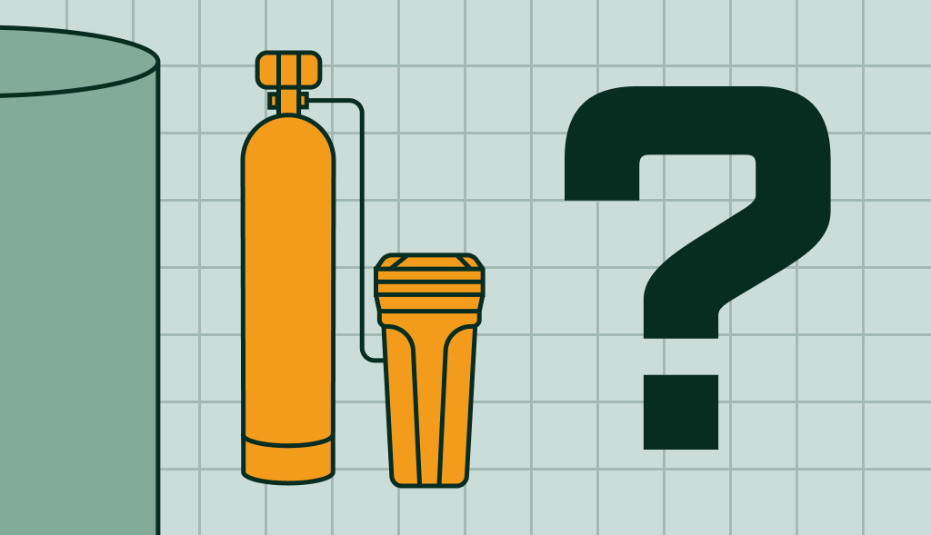 Water heater beside orange water filtration and softener units with a large question mark, suggesting uncertainty about water treatment needs.
