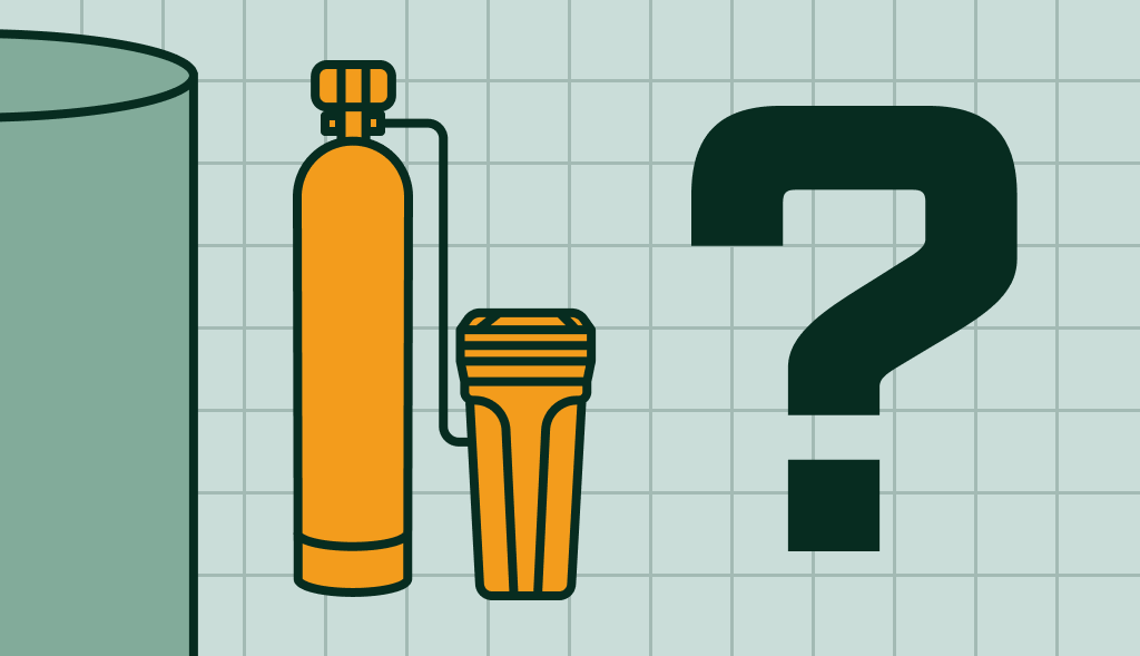 Water heater beside orange water filtration and softener units with a large question mark, suggesting uncertainty about water treatment needs.