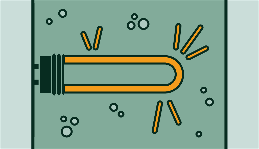 Glowing heating element submerged in water with bubbles, representing a water heater element in operation.