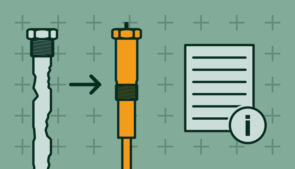 Illustration showing old anode rod replaced by new powered anode rod beside an info sheet, symbolizing a step-by-step guide.