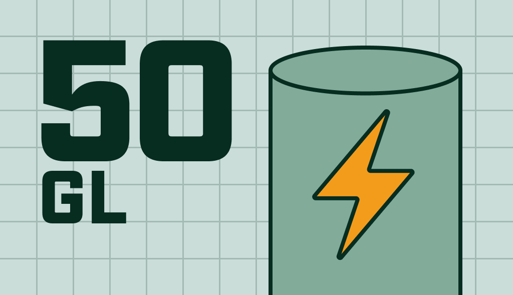 An illustrated image of a 50-gallon electric water heater with a clear label and a lightning bolt symbol indicating its power source.