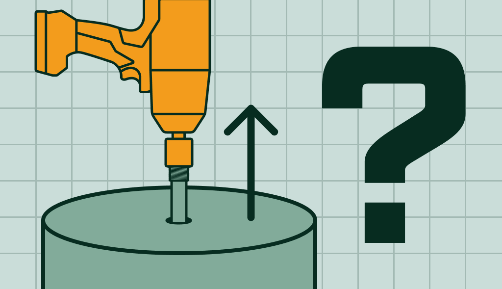 Illustration of an impact wrench removing an anode rod from a water heater with an upward arrow and question mark.