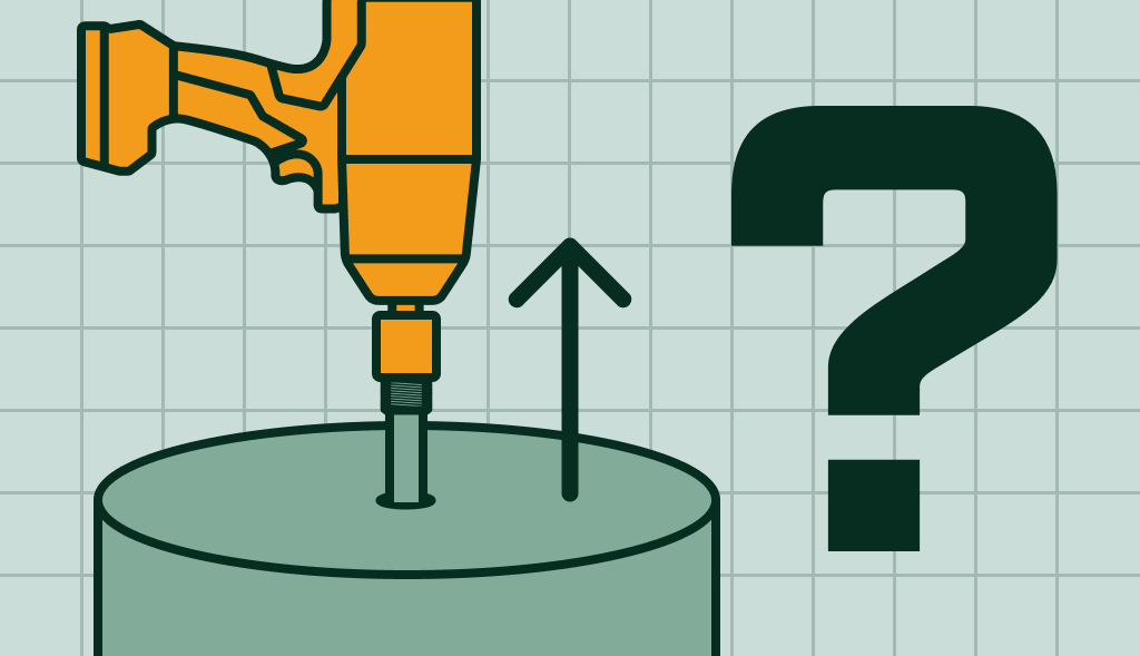 Illustration of an impact wrench removing an anode rod from a water heater with an upward arrow and question mark.