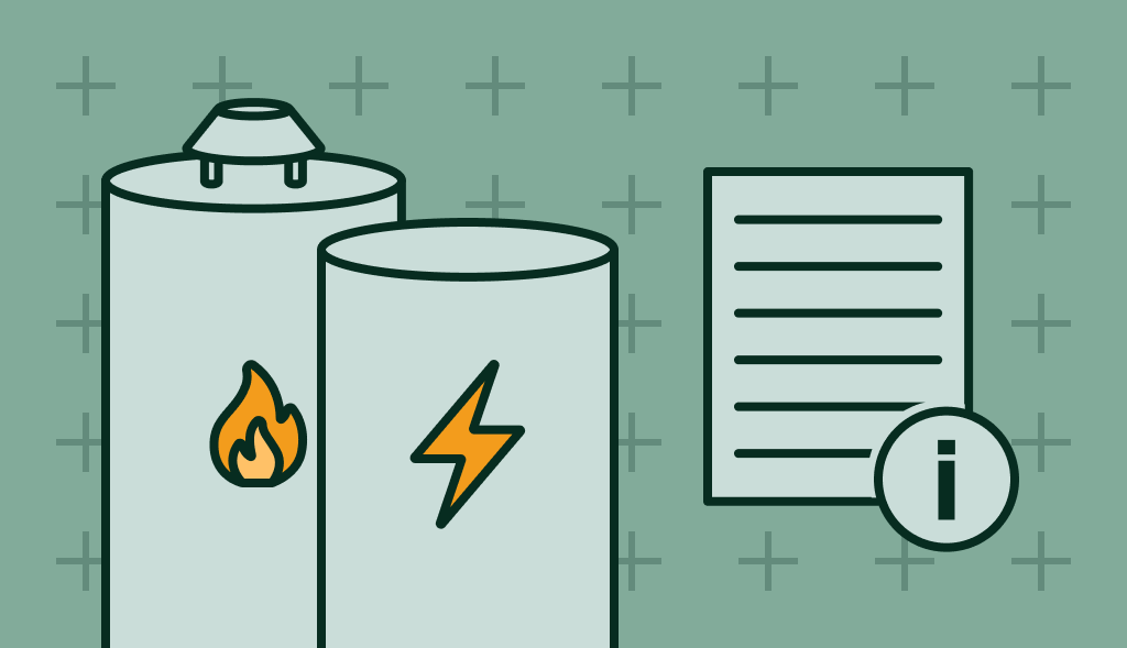 Illustration of gas and electric water heaters with info sheet, representing an easy guide comparing both types.