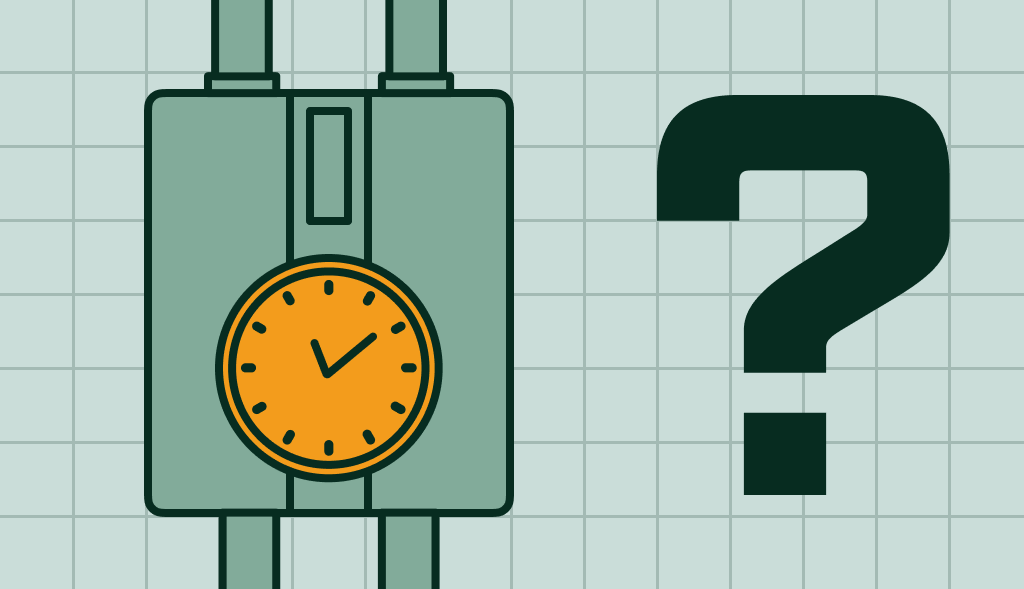 Tankless water heater with an orange clock and question mark, symbolizing how long tankless water heaters last.