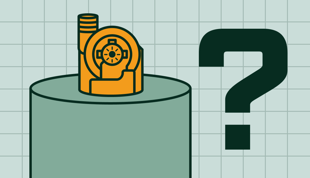 Illustration of a power vent water heater with fan unit and question mark, representing its features, benefits, and operation.