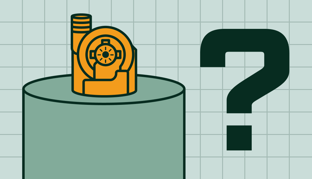 Illustration of a power vent water heater with fan unit and question mark, representing its features, benefits, and operation.