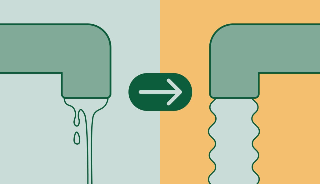 Illustration of two faucets facing each other, one with low water pressure and the other with good pressure, symbolizing the transition from low to normal water pressure.