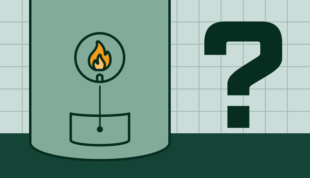 Gas water heater with a flame icon beside a large question mark, suggesting a question about pilot light or gas system.