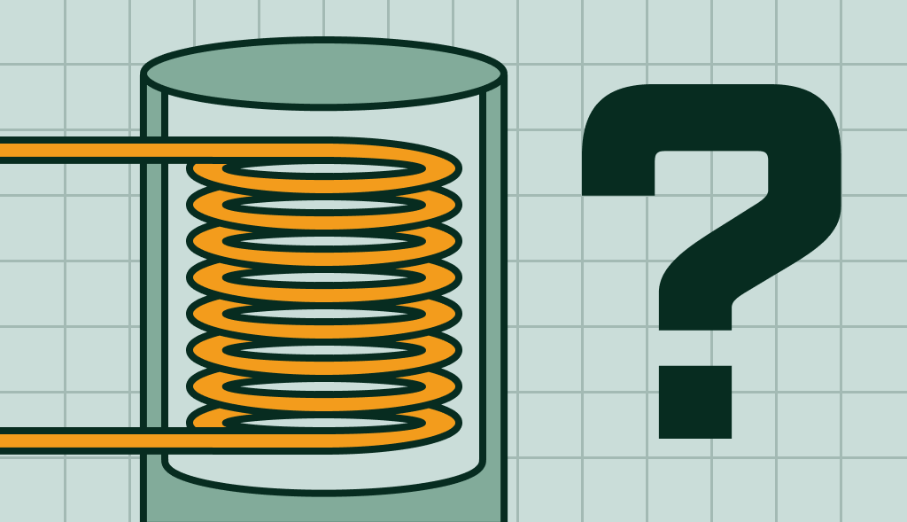 Indirect water heater tank with internal coil and question mark, representing how indirect water heaters work.