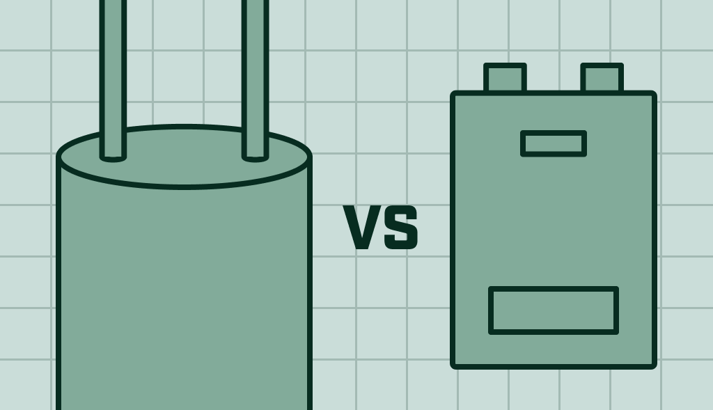 Illustration comparing a boiler and a water heater with ‘VS’ text, highlighting differences between the two systems.