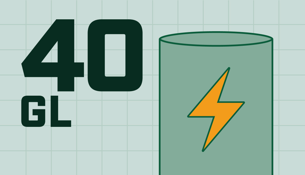 Alternative Text: "Illustration of a 40-gallon electric water heater highlighted by a lightning bolt symbol indicating electricity.