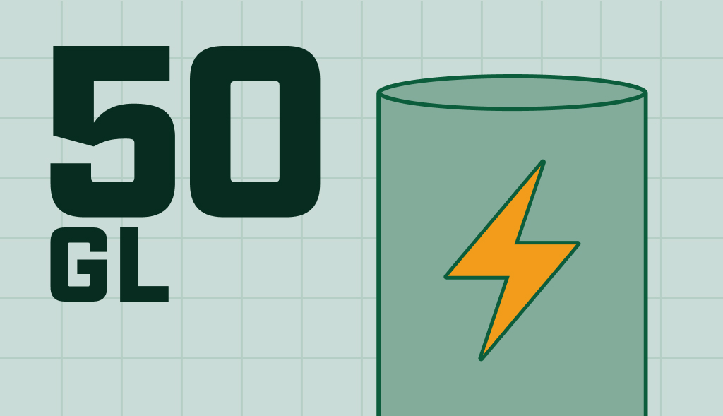 An illustrated image of a 50-gallon electric water heater with a clear label and a lightning bolt symbol indicating its power source.