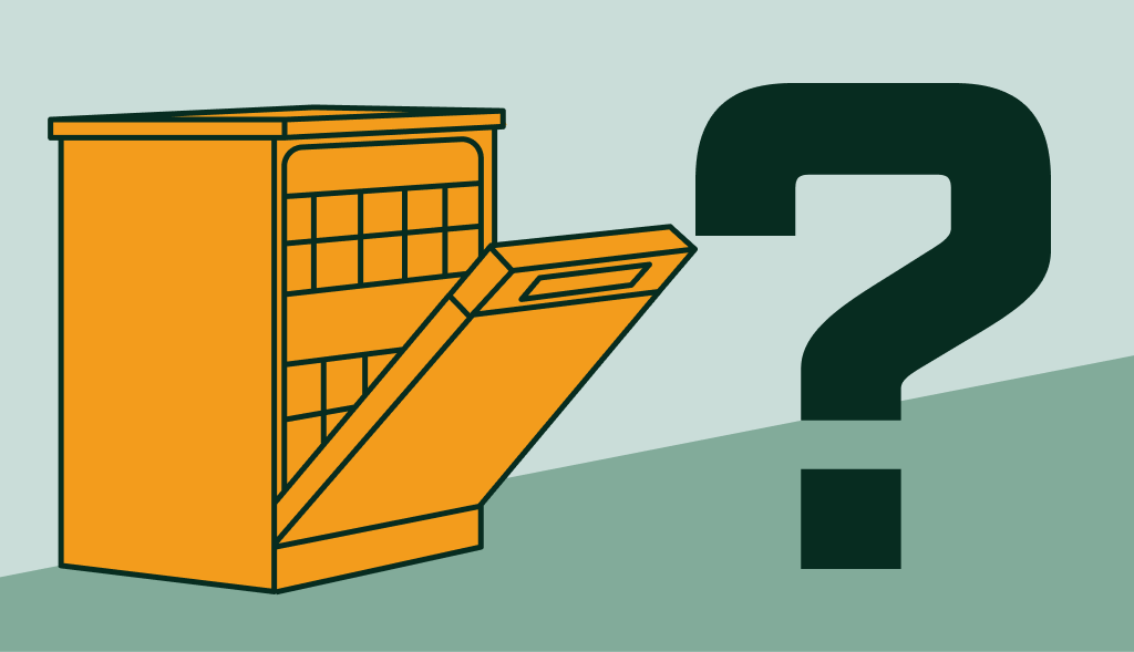 Illustration of a dishwasher with a large interrogation mark, symbolizing the question of whether dishwashers use hot water.